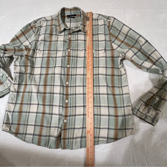 LUCKY BRAND Mens Button Up Long Sleeve Shirt Green Tan Plaid Cotton/Linen XXL - Picture 9 of 10